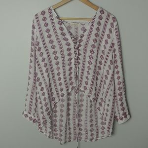 C'isa Floral Bohemian High Low Blouse With Lace Up Front And Long Sleeves Smock